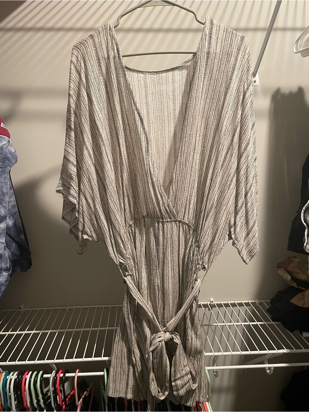 Striped V-Neck Tie-Waist Romper in Beige & Ivory